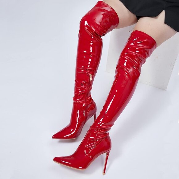Women Patent Leather Red Polyurethane Over The Knee Stiletto Heel Pointed Boots - Picture 4 of 6